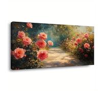 Cuadro abstracto de un camino de rosas - Lienzo decorativo floral para pared, póster enmarcado con rosas rosas, decoración floral moderna para sala de estar (35x60cm)