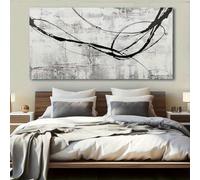 Cuadro abstracto en blanco y negro sobre lienzo, láminas de arte geométrico minimalista contemporáneo para la decoración de la sala de estar (55 x 110 cm/Marco interno)