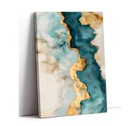 Cuadro abstracto en lienzo con impresión de tinta fluida en verde azulado y dorado. Elegante obra de arte de lujo para la decoración del hogar, sala de estar y dormitorio (20 x 30 cm/marco interior).