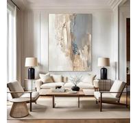 Cuadro abstracto en lienzo grande beige-azul, gris, arte minimalista, arte de pared blanco, pintura texturizada, decoración del hogar, 80 x 120 cm, sin marco