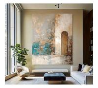 Cuadro abstracto grande sobre lienzo, pintura contemporánea texturizada con detalles en verde azulado y dorado, decoración del hogar en beige y marrón (50 x 70 cm/sin marco)