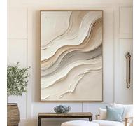Cuadro abstracto impreso en lienzo con ondas en tonos beige neutros. Decoración minimalista moderna para sala de estar (50x75cm).