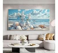 Cuadro abstracto moderno con flores en un jarrón junto al mar: Impresiones en lienzo con escena playera en azul y blanco vibrantes para decoración moderna del hogar (20x40cm/sin marco)