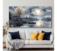 Cuadro abstracto moderno con marco para pared, diseño de cabaña junto al lago, ideal para sala de estar, comedor, cocina, oficina y dormitorio (35 x 72 cm/14 x 28 pulgadas)