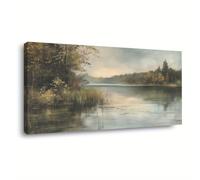 Cuadro abstracto moderno con paisaje lacustre, impresión en lienzo enmarcada, escena natural serena para la decoración de la sala de estar, oficina o cocina (65 x 120 cm)