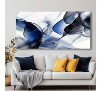 Cuadro abstracto moderno de gran tamaño sobre lienzo, con tinta azul y negra, para decoración contemporánea de sala de estar, oficina y cocina (55 x 110 cm/22 x 43 pulgadas)