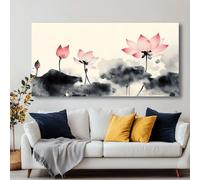 Cuadro abstracto moderno de loto para pared, lienzo con marco rosa, diseño de neblina de tinta negra, impresión sobre lienzo, decoración del hogar (75x150cm/30x59 pulgadas)