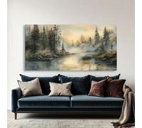 Cuadro abstracto moderno en lienzo: paisaje de bosque brumoso, lago, verde, gris, dorado y azul. Arte mural para sala de estar (50 x 100 cm, sin marco).