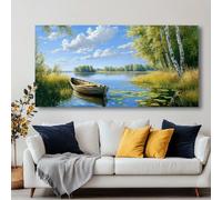 Cuadro abstracto moderno minimalista de un barco junto al lago - Impresión en lienzo para decoración de pared moderna para sala de estar (30x60cm/Marco interno)
