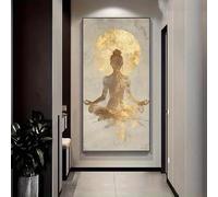 Cuadro abstracto moderno para meditación en lienzo, color beige y dorado, póster de meditación tranquila, decoración minimalista para sala de estar o dormitorio (40x80cm/sin marco).