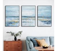Cuadro abstracto nórdico sobre lienzo con diseño de océano, atardecer azul y dorado, ideal para la decoración moderna del hogar (50x70cm x 3/marco interno).
