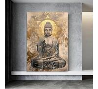 Cuadro abstracto sobre lienzo con estatua de Buda meditando sentado sobre una flor de loto. Póster religioso para pared. Decoración moderna para el hogar (50x70 cm/sin marco).