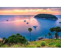 Cuadro acrílico 50 x 30 cm: vista panorámica del mar puesta de sol, isla, palmas y botes con lentes ojo de pez, fondo natural (37825284)