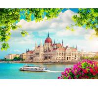 Cuadro acrílico 60 x 40 cm: flores y hojas cerca del Parlamento en Budapest al atardecer, Hungría (161105592)