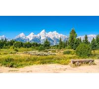 Cuadro acrílico de 100 x 60 cm: panorámica panorámica del Parque Nacional Grand Teton en Wyoming, Estados Unidos con un sendero y un banco de madera (252040957)