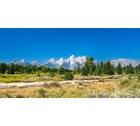 Cuadro acrílico de 80 x 40 cm: panorámica panorámica del Parque Nacional Grand Teton en Wyoming, Estados Unidos con un sendero y un banco de madera (252040998)