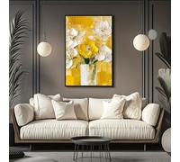 Cuadro al óleo pintado con hermosas flores abstractas amarillas y blancas, estilo abstracto vintage moderno para decoración de sala de estar (70 x 125 cm (28 x 49 pulgadas)), marco negro
