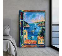 Cuadro al óleo sobre lienzo de Henri Matisse, estilo póster, fauvismo, ventana abierta, Italia, lago mediterráneo, decoración para oficina o hogar (50x70cm /sin marco)