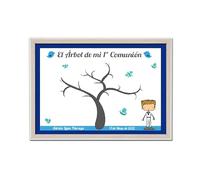 Cuadro Árbol de Huellas Comunion Niño personalizado - Firmas y dedicatorias con huella para Detalles de comuniones - Marco, tinta de colores e instrucciones - Recuerdo de los Invitados a Comunión