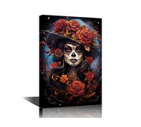 Cuadro con diseño de calavera de azúcar con flores para decoración de pared del Día de los Muertos mexicanos para sala de estar, decoración de pared de mujer con sombrero con flores, lienzo impreso,