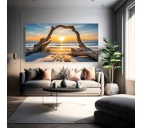 Cuadro con forma de corazón, madera a la deriva, vista al océano, conchas marinas, cielo y pájaros. Lámina artística para sala de estar (20x40cm/Sin marco).