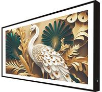 Cuadro con Marco de Madera Lacada en Negro Retroiluminado Pavo Real con Tonos Dorados