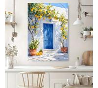 Cuadro con un limonero y una puerta azul sobre un fondo vibrante. Impresiones en lienzo (40x60 cm/sin marco).