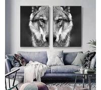 Cuadro de arte de pared con cabeza de lobo, animal salvaje, 2 piezas, estilo nórdico, lienzo en blanco y negro, impresión para decoración de la habitación del hogar, 40x60cm/16x24inx2 piezas sin marco