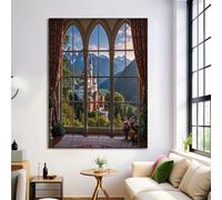Cuadro De Arte De Pared Con Vistas A Las Montañas Desde La Ventana Del Castillo De Neuschwanstein, Lienzo Grande Paisajes Clásicos Europeos, Decoración Vertical Para Sala De Estar, Porche 70×100 cm