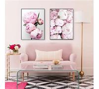 Cuadro de arte de pared para sala de estar, pósteres minimalistas nórdicos e impresiones de flores de peonía rosa, decoración de habitación infantil, lienzo (50 x 70 cm, 2 piezas sin marco)