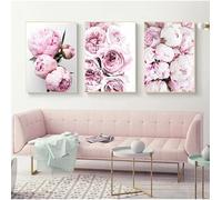 Cuadro de arte de pared para sala de estar, pósteres minimalistas nórdicos e impresiones de flores de peonía rosa, decoración de habitación infantil, lienzo (70 x 100 cm/3 piezas sin marco)