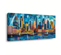 Cuadro de arte mural moderno abstracto de ciudad con mosaico - Lienzo impreso con marco de paisaje urbano azul y naranja para sala de estar (85x130cm)