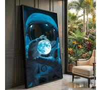 Cuadro de astronauta sosteniendo una luna brillante, arte mural de exploración espacial, decoración de ciencia ficción para el hogar, temática de galaxia futurista, lienzo (50 x 90 cm/sin marco)