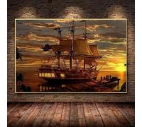 Cuadro de barco pirata vintage tamaño grande, velero negro en el mar, póster e impresión para decoración del hogar en la sala de estar (30x45cm/sin marco)