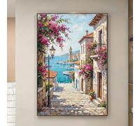 Cuadro de callejón mediterráneo de estilo nórdico, lienzo con paisaje de pueblo costero, arte de pared con flores y vistas al mar (70 x 120 cm/sin marco)