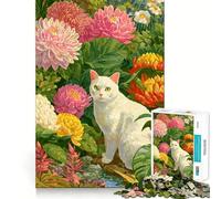 Cuadro de Gato Blanco en jardín Floral 1000 Piezas Rompecabezas para Adolescentes Juego Que estimula el Cerebro Encaje Huecos Actividad Relajante para Grupos en Interiores (50x75cm)