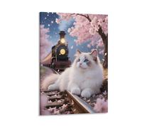 Cuadro De Gato Ragdoll En Lienzo Impresiones De Cherry Blossoms Tren En Lienzo Decoración Mural Para Sala De Estar Hogar Oficina Regalos Creativos 20x30inch(50x75cm)