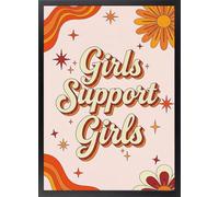Cuadro de Girls Support Girls con Flores - Poster de Sororidad y Empoderamiento Femenino con Marco de madera - Arte mural Estilo Groovy Vintage decoración para dormitorio - Cuadros Láminas Retro