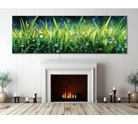 Cuadro de gotas de rocío sobre briznas de hierba, arte mural abstracto verde, pósteres e impresiones enmarcados, pintura de primavera, mural decorativo para el hogar (20 x 60 cm/marco interior)