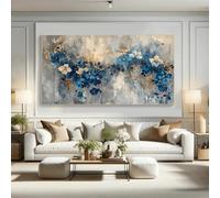 Cuadro de gran formato en lienzo: elegante diseño abstracto floral azul y dorado, decoración moderna de acuarela para sala de estar y dormitorio (70x140cm/sin marco).