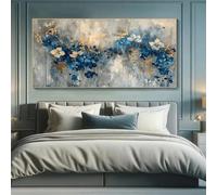Cuadro de gran formato para pared: elegante diseño abstracto floral azul y dorado, decoración moderna de acuarela para sala de estar y dormitorio (30x60cm/marco interior).