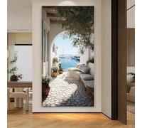 Cuadro de Grecia con arco blanco, olivo y vista al mar, paisaje mediterráneo con velero en puerto para decoración del hogar (30x65cm/sin marco)