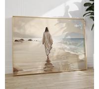 Cuadro de Jesús caminando en la playa, lienzo cristiano de Jesús para pared, pintura del mar de Jesús, versículo bíblico, lienzo impreso en acuarela, póster de Jesús Océano, arte de pared, póster