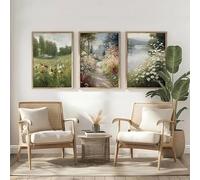 Cuadro de lienzo con diseño de paisaje natural vintage de campo, flores de primavera, pósteres impresos para decoración del hogar y la sala de estar (60 x 80 cm, 3 piezas sin marco)
