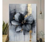 Cuadro de lienzo floral negro para pared, impresión floral abstracta moderna, detalles dorados para sala de estar, dormitorio, obra de arte contemporánea (60 x 90 cm/sin marco)