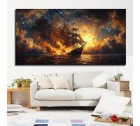 Cuadro de lienzo para pared, obra de arte: un dramático acorazado ardiendo en un mar en calma, decoración de arte moderno para oficina, cafetería, bar, dormitorio (70x120cm/28x47in/marco interior)