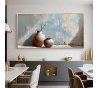 Cuadro de naturaleza muerta en tonos pastel, jarrón Wabi Sabi, arte sobre lienzo, decoración rústica texturizada para el hogar, arte mural panorámico azul minimalista moderno (80x150cm/marco interno)