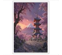 Cuadro de Pagoda Los Cerezos En Flor Arte de Pared Tradicional Japonés Impresión en Lienzo Obra de Arte Decoración De Pared para Baño, Oficina, Dormitorio, Sala de Estar, 70x100cm, Rubor En Polvo