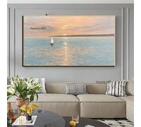 Cuadro de paisaje marino al atardecer sobre lienzo, gran obra arte para pared, pintura abstracta un velero en el océano amarillo, pintura personalizada para decor75x150cm/30x59in Sin marco