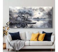 Cuadro de pared con diseño de cabaña junto al lago, abstracto, enmarcado, obra de arte moderna, decoración del hogar para sala de estar y dormitorio (75 x 150 cm/30 x 59 pulgadas)